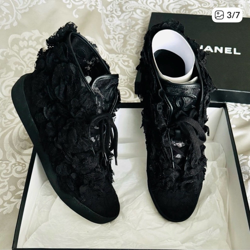CHANEL Women's Black Camelia Floral Lace Sneakers